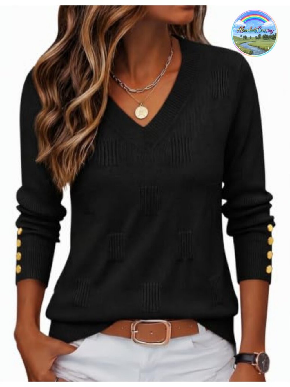 Women's V-Neck Sweater Long Sleeve Lightweight Ribbed Knit with Cuff Buttons